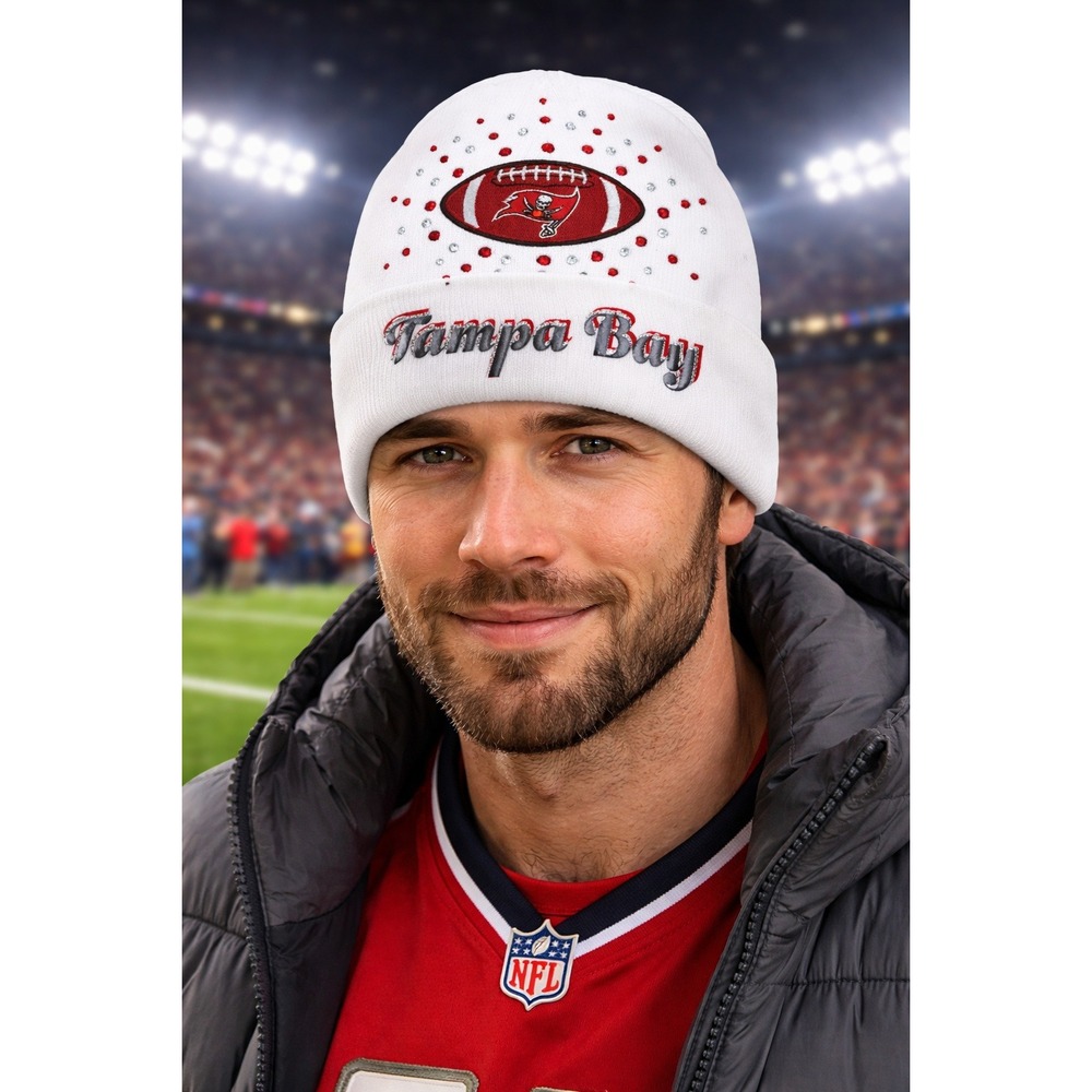 Tampa Bay Buccaneers White Beanie design with Logo, Red‎ & Crystal Rhinestones